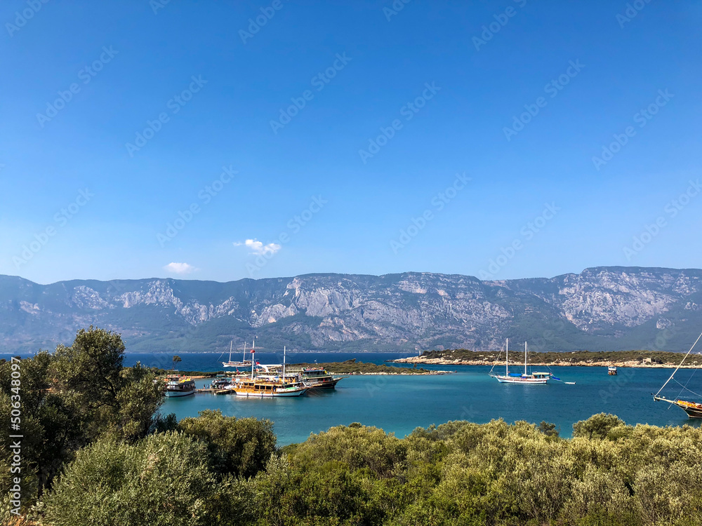 View from the mountain to the pier with yachts in the city of Marmaris