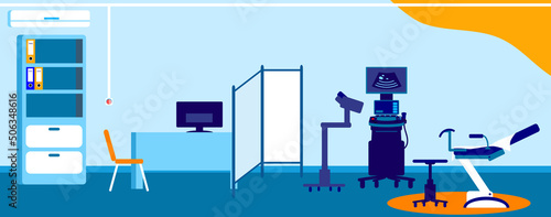A gynecologist room / office  in the clinic. Vector colorful flat medical illustration. 
