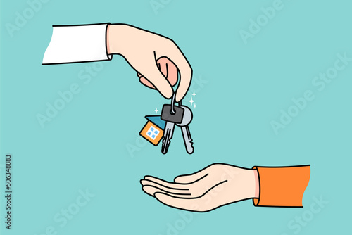 Realtor or broker give keys to client or buyer greeting with purchase. Real estate agent congratulate house owner with property buying. Realty and rental. Vector illustration. 