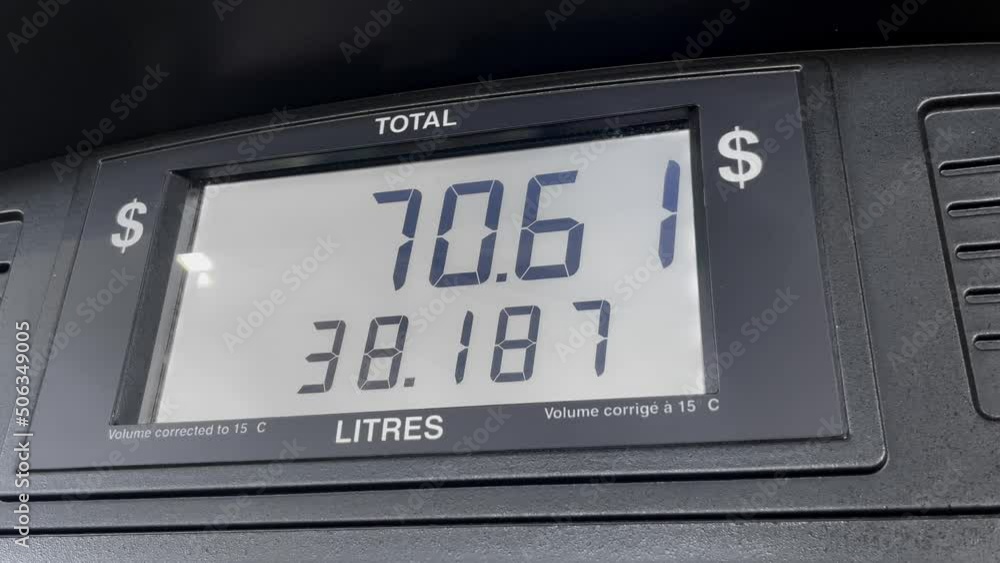 Gas price screen in dollars on fuel pump increasing based on litres, close up Gas price screen in dollars on fuel pump increasing based on litres, close up
