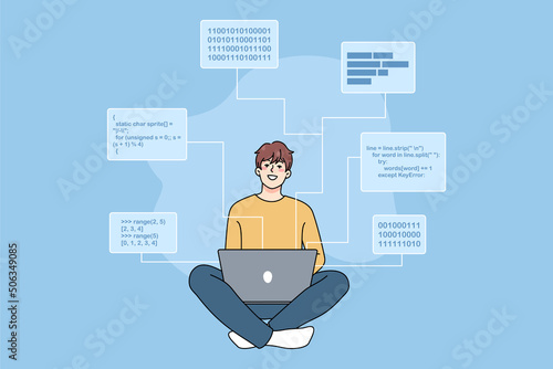 Smiling male software engineer working on computer writing codes and programs. Happy man programmer or backend developer busy on laptop, programming, creating scripts. Vector illustration. 
