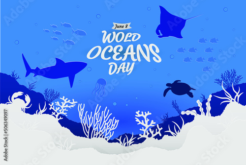 World oceans day to help protect and conserve world oceans.Vector paper cut style.