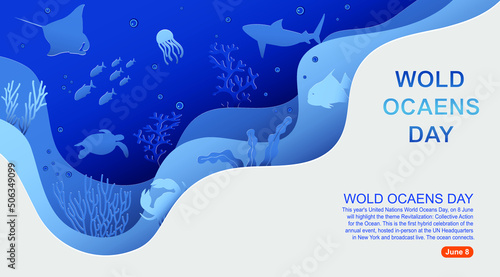 World oceans day to help protect and conserve world oceans.Vector paper cut style.