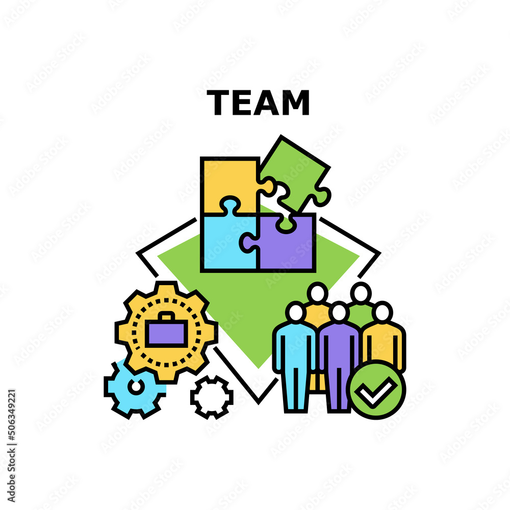 Team Working Vector Icon Concept. Team Working Together And Successful Goal Achievement, Company Working Process. Teamwork And Project Strategy Developing Together Color Illustration