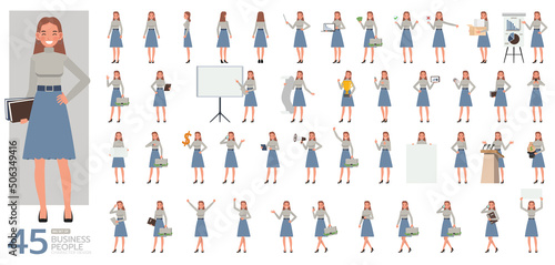 Big Set of working woman wear grey shirts color character vector design. Presentation in various action. People working in office planning, thinking and economic analysis.