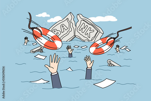 Bank building and employees drowning in water after financial crisis. Concept of finance instability and bankruptcy. Flat vector illustration. 