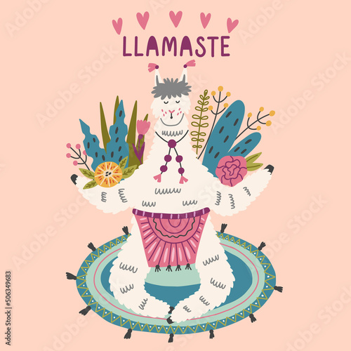 Llama in a yoga pose on a mat. Alpaca animal relax meditation print hand drawn doodle naive design vector art illustration. Llamaste