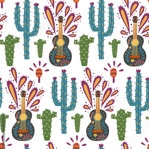 Mexican musical instrument guitar cactus pattern. Botanical Nature plant cacti background hand drawn doodle naive vector art. Cute digital paper fabric textile wallpaper