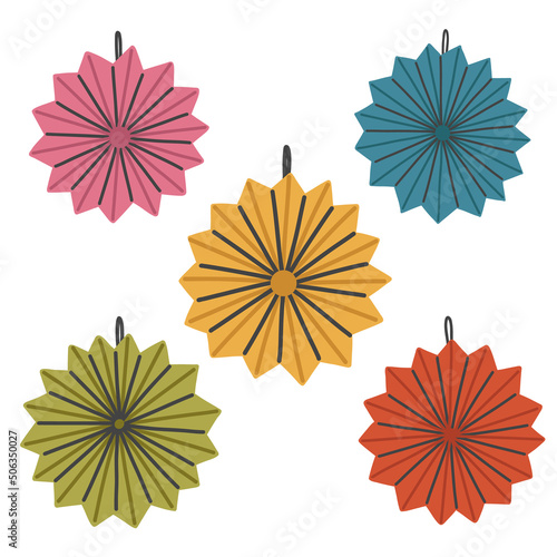 Set bright origami paper circles decoration of the festival. Doodle hand drawn attribute element naive vector art on white isolated background