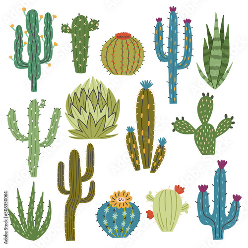 Set green multicolored cactus plants aloe succulents. Doodle hand drawn nature element naive vector art on white isolated background