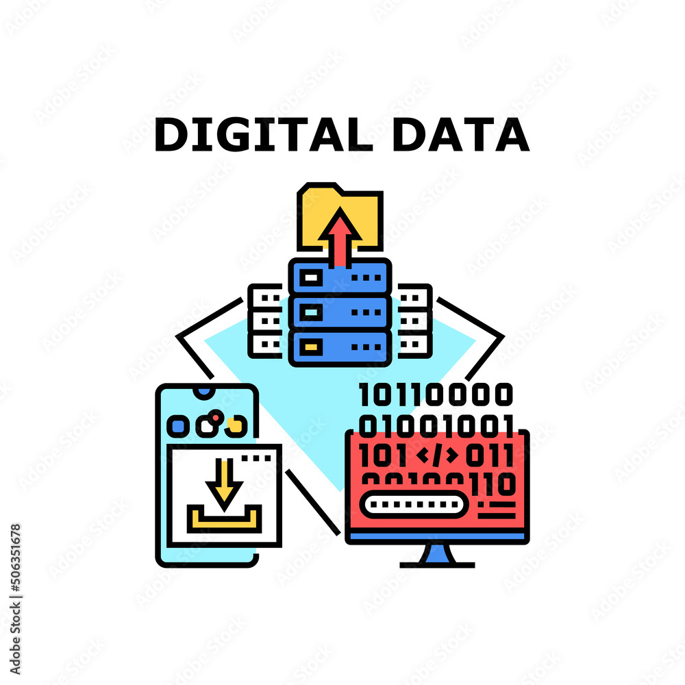 Digital Data Vector Icon Concept. Digital Data Storaging On Server Electronic Equipment And Download On Smartphone Device. Binary Code With Media File Information Color Illustration