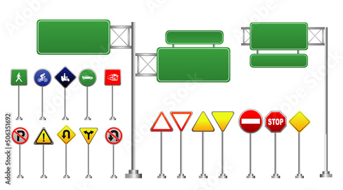 Realistic set of road signs, set of street 

sign, green traffic sign.

