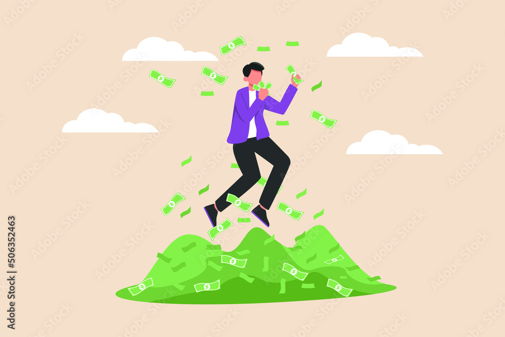 Happy young Businessman jumping on pile of money and flaying money because high profit. Finance Management. Colored flat vector illustration isolated. Happy young Businessman jumping on pile of money and flaying money because high profit. Finance Management. Colored flat vector illustration isolated.