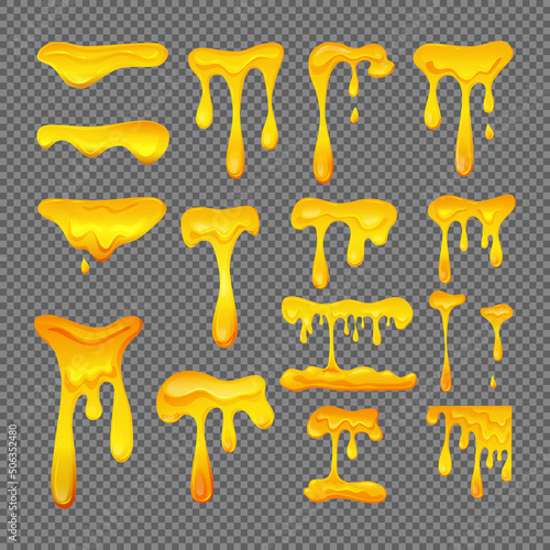 Flowing yellow viscous liquid on a transparent isolated background set. Lemon jelly or honey drops. Cheese. Vector illustration. 