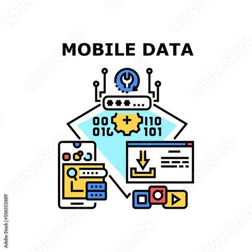 Mobile Data Vector Icon Concept. Mobile Data Storaging On Smartphone Gadget, Application Safe Private Information With Password. Security App And System For Download Multimedia Color Illustration © vectorwin