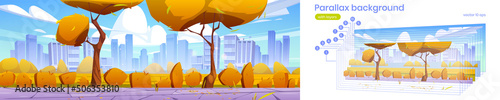 Parallax background autumn city skyline, urban 2d cityscape with skyscrapers, yellow trees and tiled pathway. Fall downtown district game animation template with separated layers, Vector illustration