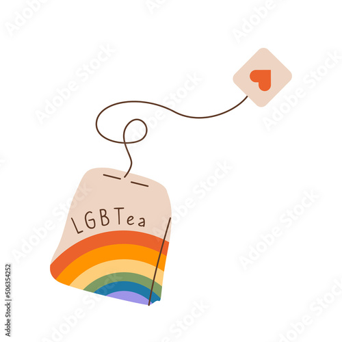 Creative cute sticker for Pride Month Celebration. Tea bag with inscription LGBTea. Graphic element with LGBTQ flag. Vector illustration in flat style isolate on white background.