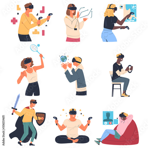 Man and Woman Wearing Virtual Reality Headset Immersed in Abstract VR World Vector Set