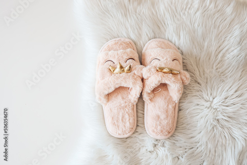 Home slippers on a white fluffy carpet