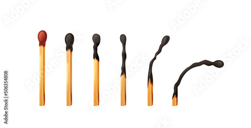 Burnt match stick with fire. Set of matchsticks with sulfur head flaming stages from ignition to extinction. Cartoon spark bonfire vector illustration