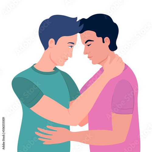two gay guys hugging LGBT flag and enjoying pride