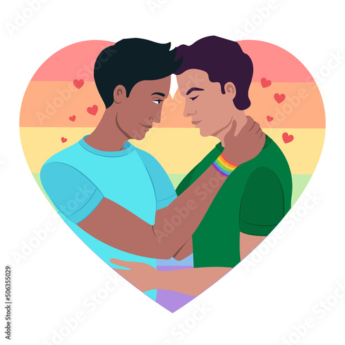 two gay guys hugging LGBT flag and enjoying pride