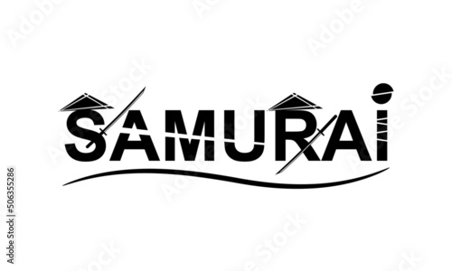 Black samurai text with sword katana japanese style flat vector icon design.