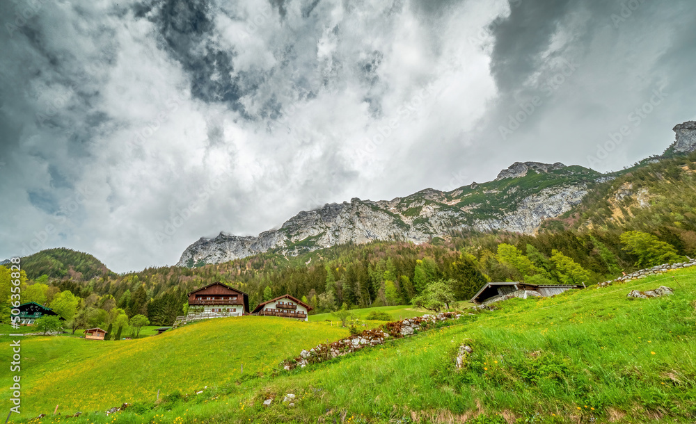 Green meadow with a view up to the mountain chain and the huge clouds at the background