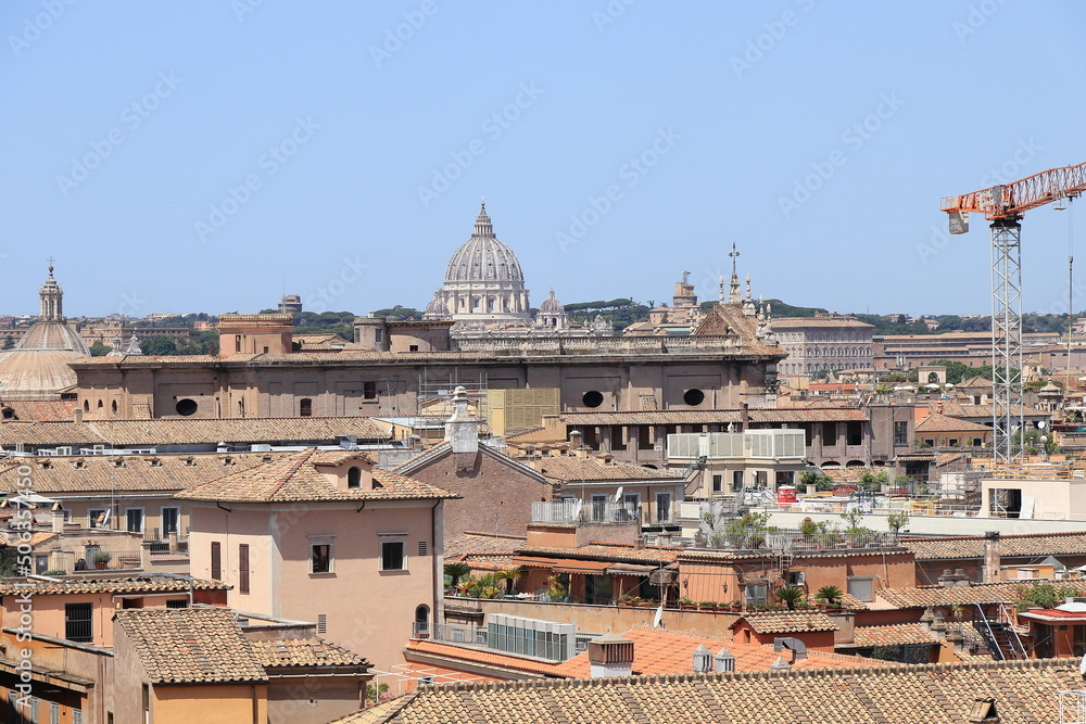 Panoramic View with Buildings, Roofs and St Peter's Dome in Rome, Italy