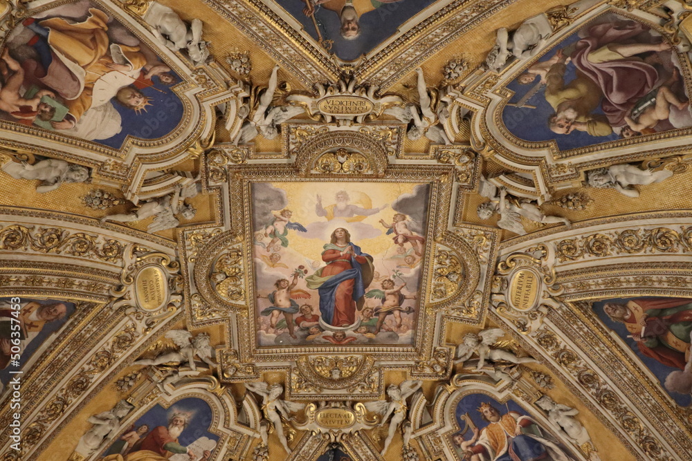 Santa Maria Maggiore Basilica Ceiling Detail with Fresco's and Sculpted Details in Rome, Italy
