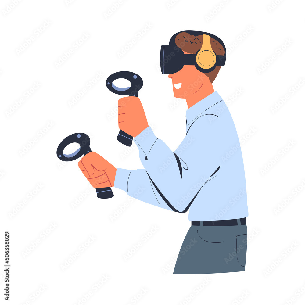 Man Wearing Virtual Reality Headset Immersed in Abstract VR World Vector Illustration Man Wearing Virtual Reality Headset Immersed in Abstract VR World Vector Illustration