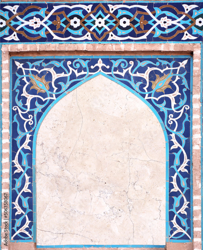 Detail of traditional persian mosaic wall with geometrical and floral ornament, Iran. Vertical frame with ceramic tile