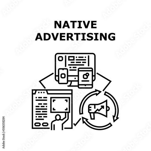 Native Advertising Vector Icon Concept. Native Advertising Sponsored Content And Function Of Platform For Searching New Customers In Internet. Online Advertisement Black Illustration