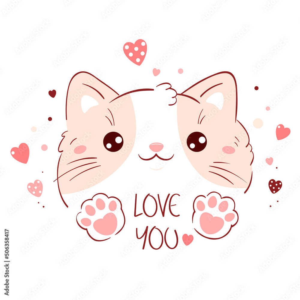 Cute Valentine card in kawaii style. Lovely cat with pink hearts. Inscription Love you - obrazy, fototapety, plakaty 