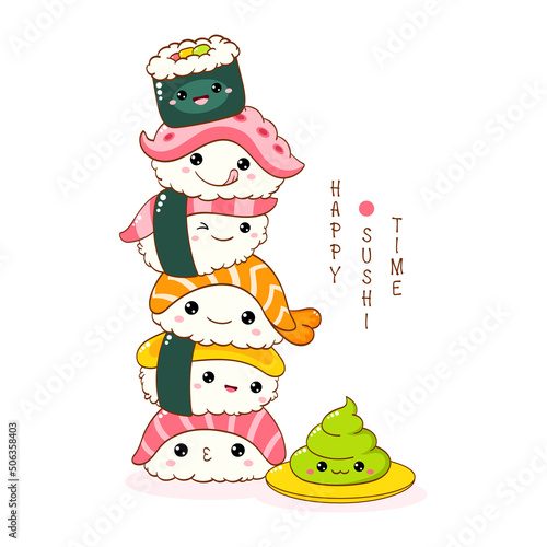 Stack of cute sushi and rolls in kawaii style with smiling faces. Japanese traditional cuisine dishes. Can be used for t-shirt print, sticker, greeting card, menu design. Vector illustration EPS8  