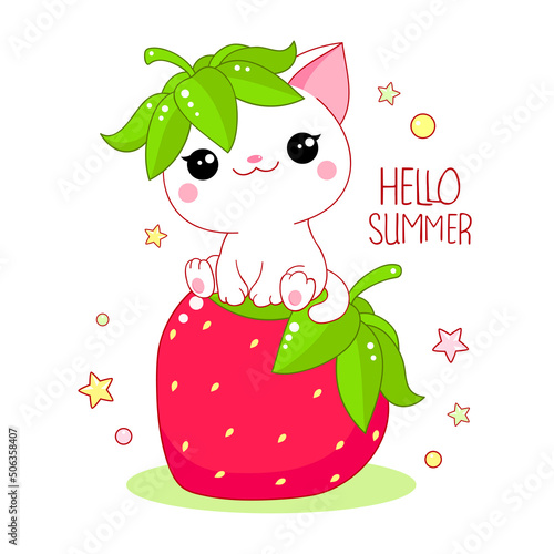 Cute white cat on big strawberry. Inscription Hello summer. Kawaii little kitty and ripe red berry. Happy summer time. Vector illustration EPS8