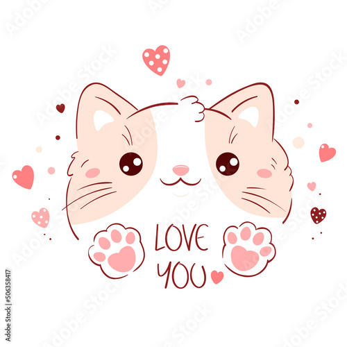 Cute Valentine card in kawaii style. Lovely cat with pink hearts. Inscription Love you