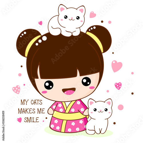 Cute smiling little girl with kitty in kawaii style. Japanese traditional toy kokeshi doll in kimono with two white cats. Inscription My cats make me smile. Vector illustration EPS8  