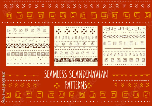 Set of seamless patterns with nordic tribal ornaments. Scandinavian style decor