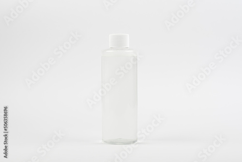 Clean bottle of micellar water, tonic on white background