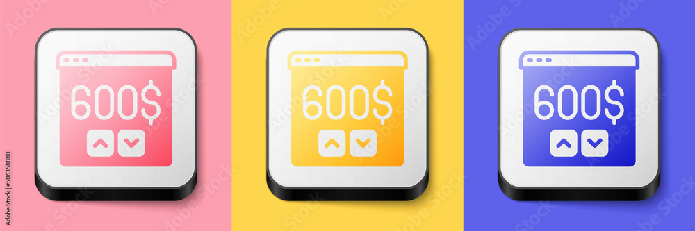 Isometric Monitor with dollar icon isolated on pink, yellow and blue background. Sending money around the world, money transfer, online banking, financial transaction. Square button. Vector Isometric Monitor with dollar icon isolated on pink, yellow and blue background. Sending money around the world, money transfer, online banking, financial transaction. Square button. Vector