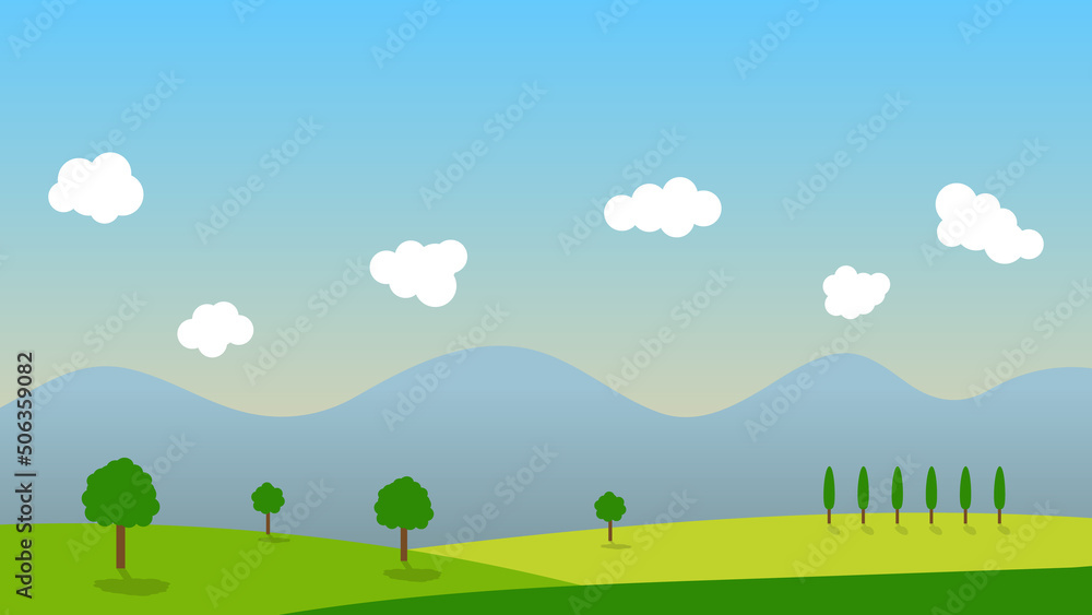 landscape cartoon scene with tree on green hills and white cloud in summer blue sky background landscape cartoon scene with tree on green hills and white cloud in summer blue sky background