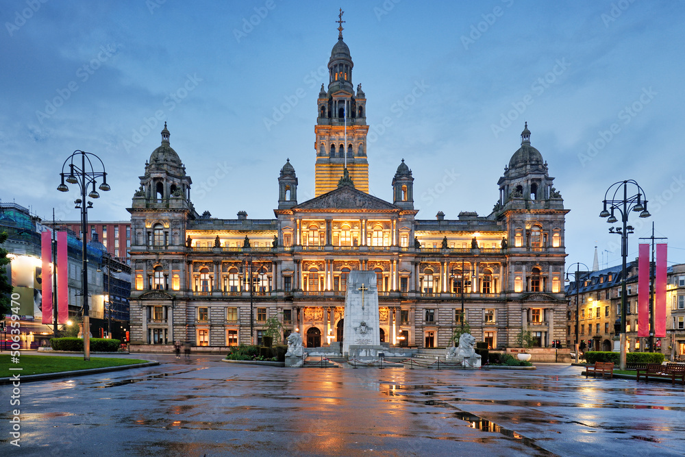 Glasgow City Chambers in George square at night, Scotland - UK