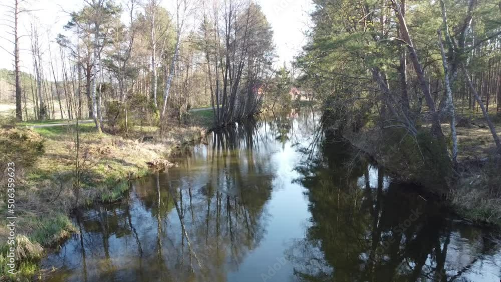 Backward view at morning spring river in a forest Backward view at morning spring river in a forest