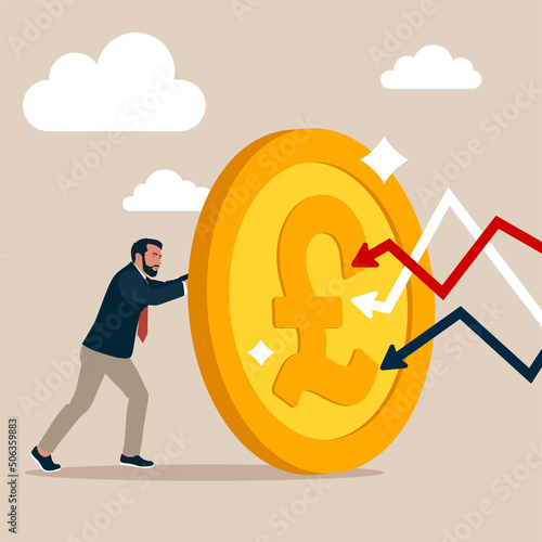 Businessman investor hidden behind GBP shield. Bitcoin as safe haven of crypto and stock market crash, shield or guard in financial crisis or bubble burst, protect from losing wealth concept.