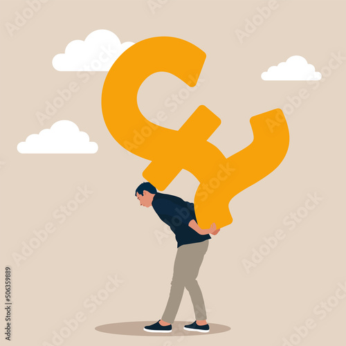 Working hard for money, effort to earn more salary or investment profit, tax burden or financial problem and difficulty concept, overworked businessman drag big GBP sign money back from work.