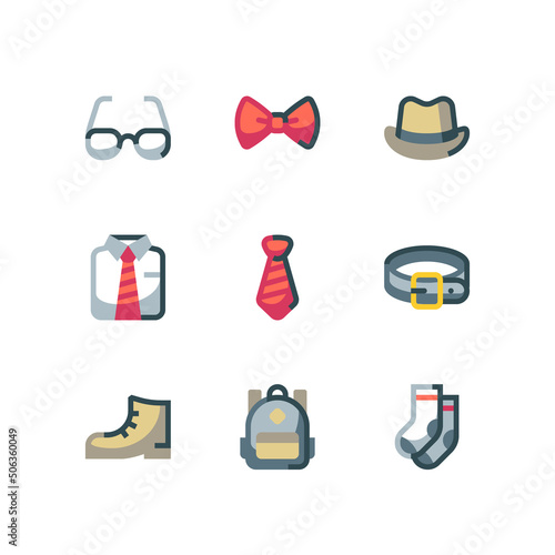 Formal clothing and accessories icon set with tie and uniform vector icons