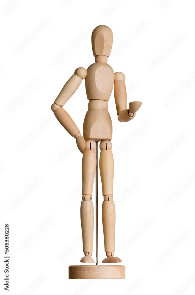 wooden man mannequin posing on stand isolated on white background wooden man mannequin posing on stand isolated on white background