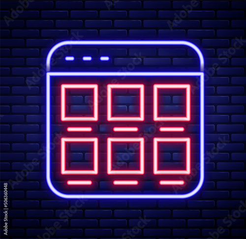 Glowing neon line Online shopping on screen icon isolated on brick wall background. Concept e-commerce, e-business, online business marketing. Colorful outline concept. Vector