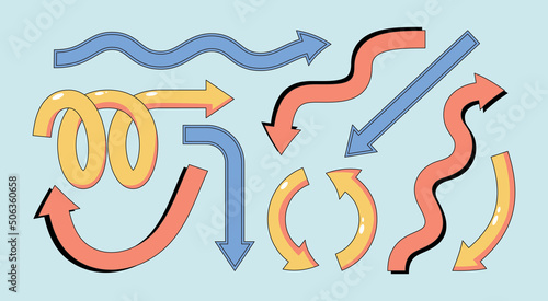 Various whimsical arrows set of colorful style. Abstract direction indicators for presentations and web. Geometric dynamic pattern for infographics. Vector illustration of retro drawing.